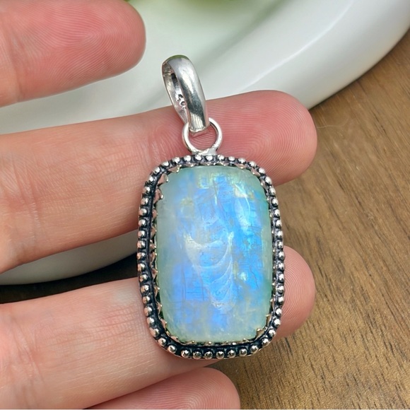 Southwest Jewelry - Exotic Blue Green Moonstone Pendant Handmade New Sterling Silver 925 Overlay